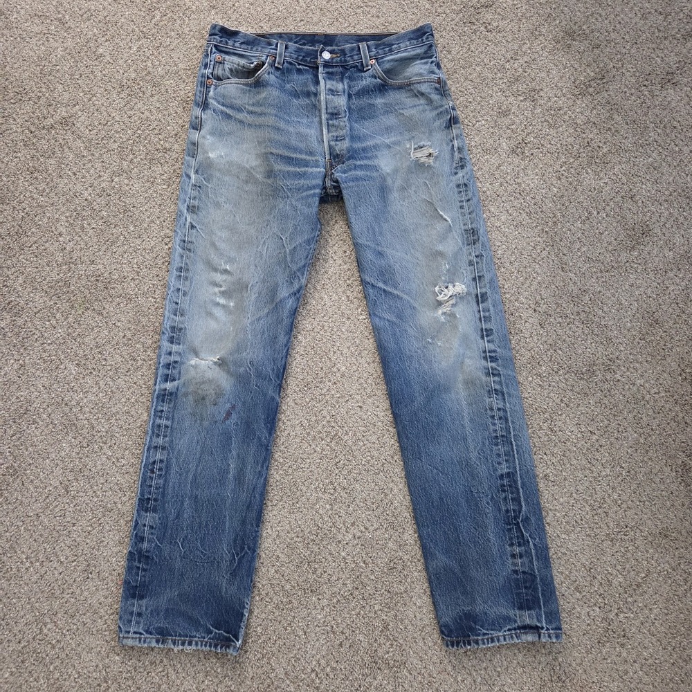 Levis 501 Jeans Mens 36x38 Blue Denim Straight Leg Button Fly Distressed Stained - Picture 2 of 16